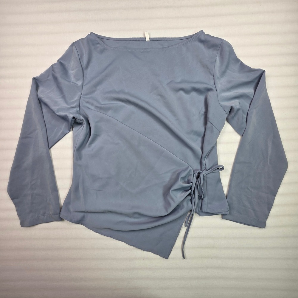 Halara XL Dusty Blue Boat Neck Long Sleeve Side Tie Wrap Asymmetrical Blouse